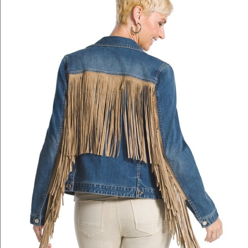 COPY - Chico's Platinum Fringe Denim Jacket - VINTAGE LOOK! NWOT - Picture 7 of 11